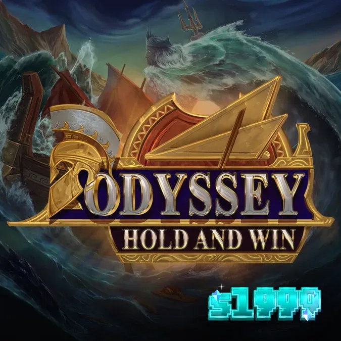 Tampilan grid 4x4 dalam permainan slot Odyssey Hold and Win dengan latar belakang pertempuran laut.